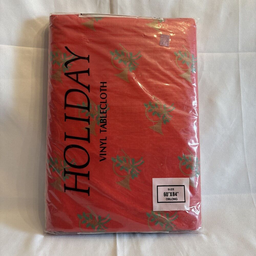 Vintage Holiday Christmas Vinyl Tablecloth Flannel Back 60”X84” Oblong New X-Mas